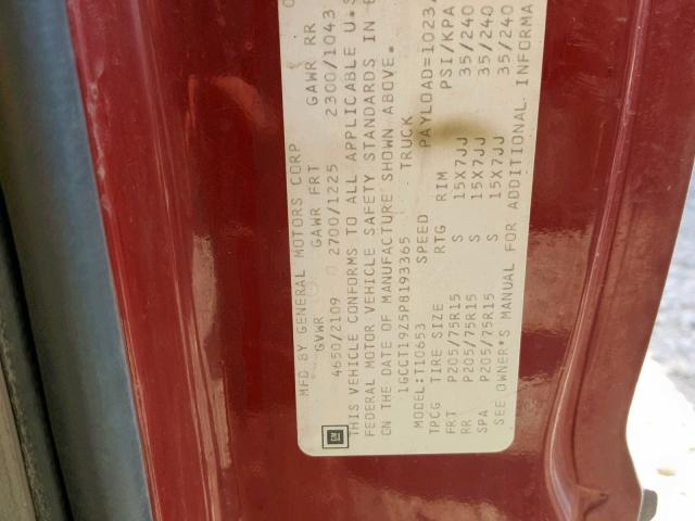 1GCCT19Z5P8193365 - 1993 CHEVROLET S TRUCK S1 MAROON photo 10