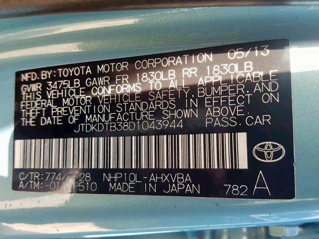 JTDKDTB38D1043944 - 2013 TOYOTA PRIUS C BLUE photo 10