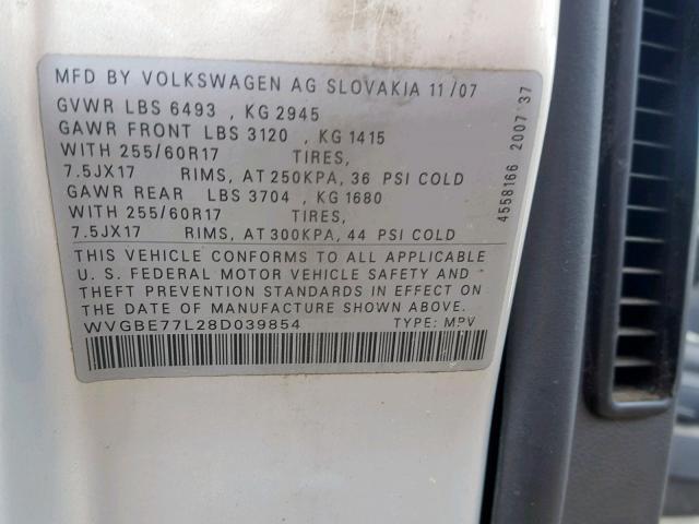 WVGBE77L28D039854 - 2008 VOLKSWAGEN TOUAREG 2 SILVER photo 10