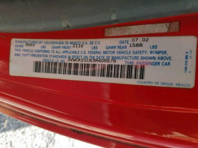 3VWCK21C63M405578 - 2003 VOLKSWAGEN NEW BEETLE წითელი ფოტო 10