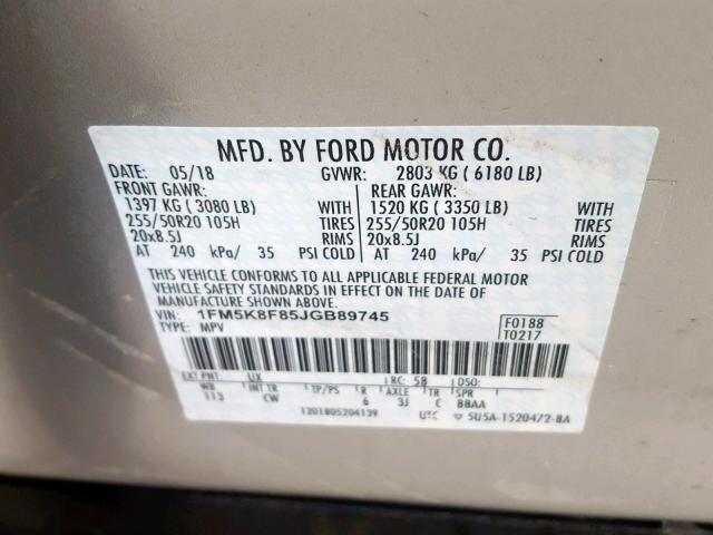 1FM5K8F85JGB89745 - 2018 FORD EXPLORER L SILVER photo 10