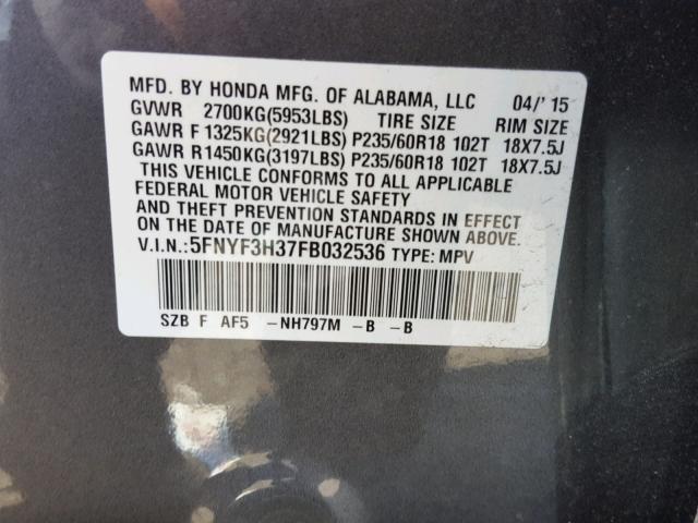 5FNYF3H37FB032536 - 2015 HONDA PILOT SE GRAY photo 10