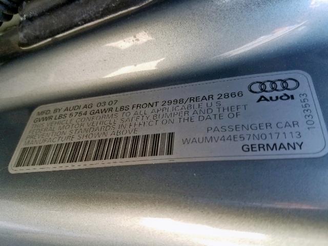 WAUMV44E57N017113 - 2007 AUDI A8 L QUATT GRAY photo 10