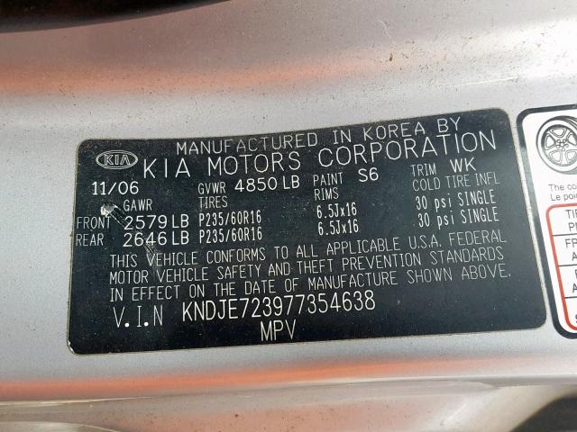 KNDJE723977354638 - 2007 KIA SPORTAGE E SILVER photo 10