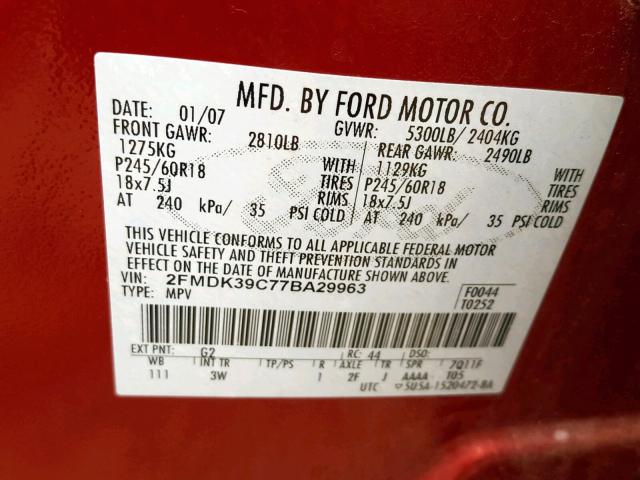 2FMDK39C77BA29963 - 2007 FORD EDGE SEL P RED photo 10