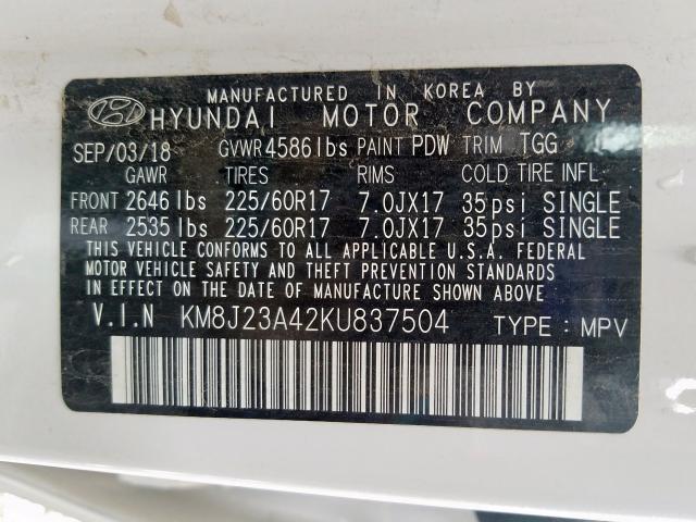 KM8J23A42KU837504 - 2019 HYUNDAI TUCSON SE WHITE photo 10