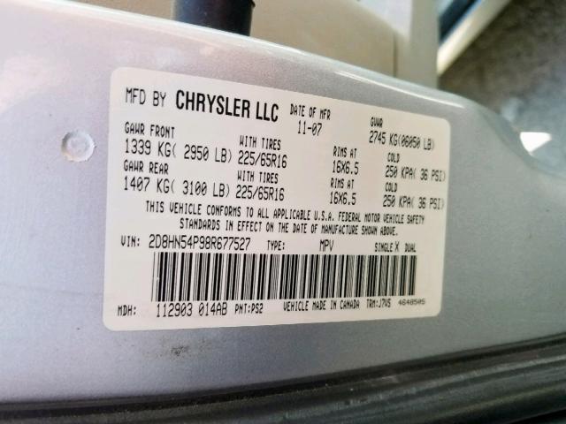 2D8HN54P98R677527 - 2008 DODGE GRAND CARA GRAY photo 10