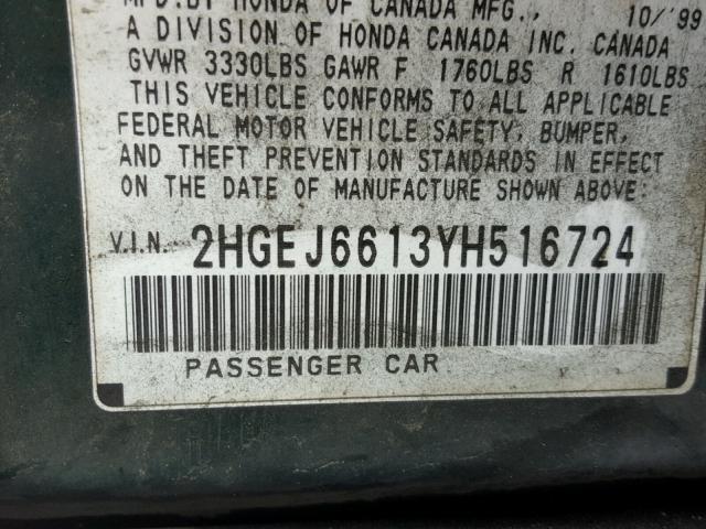 2HGEJ6613YH516724 - 2000 HONDA CIVIC BASE Yaşıl foto 10