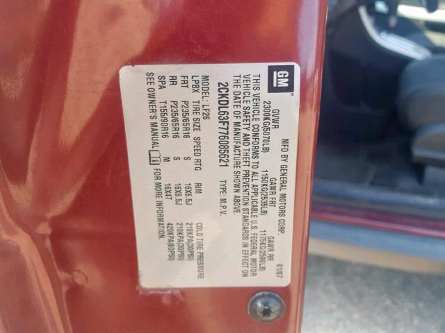 2CKDL63F776085621 - 2007 PONTIAC TORRENT MAROON photo 10