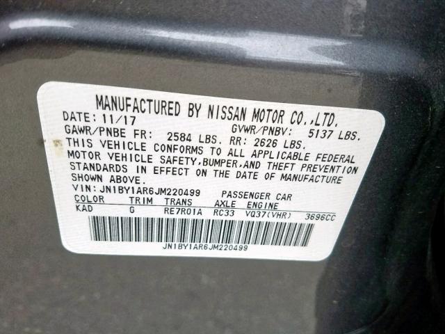 JN1BY1AR6JM220499 - 2018 INFINITI Q70 3.7 LU GRAY photo 10