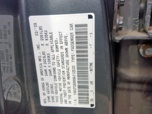 1HGCP26899A112533 - 2009 HONDA ACCORD EXL GRAY photo 10