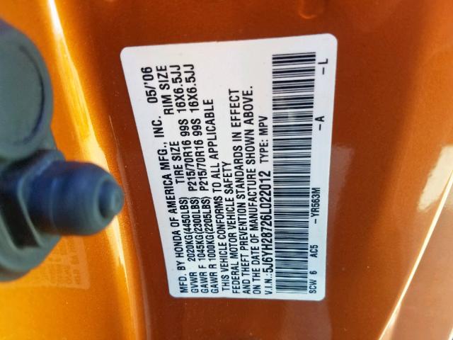 5J6YH28726L022012 - 2006 HONDA ELEMENT EX ORANGE photo 10