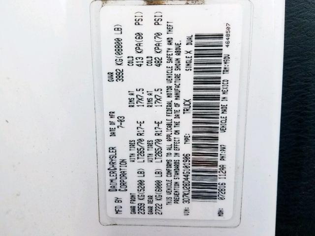 3D7KU28D44G101906 - 2004 DODGE RAM 2500 S Սպիտակ լուսանկար 10