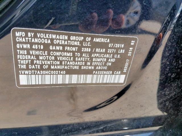 1VWDT7A30HC002140 - 2017 VOLKSWAGEN PASSAT R-L BLACK photo 10