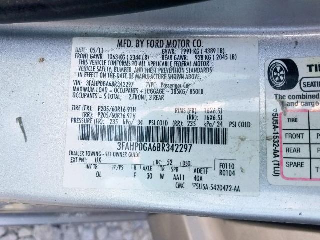 3FAHP0GA6BR342297 - 2011 FORD FUSION S SILVER photo 10