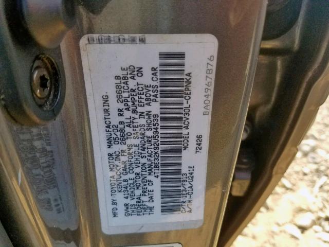 4T1BE32K92U594539 - 2002 TOYOTA CAMRY LE GRAY photo 10