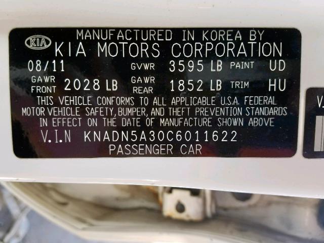 KNADN5A30C6011622 - 2012 KIA RIO EX WHITE photo 10