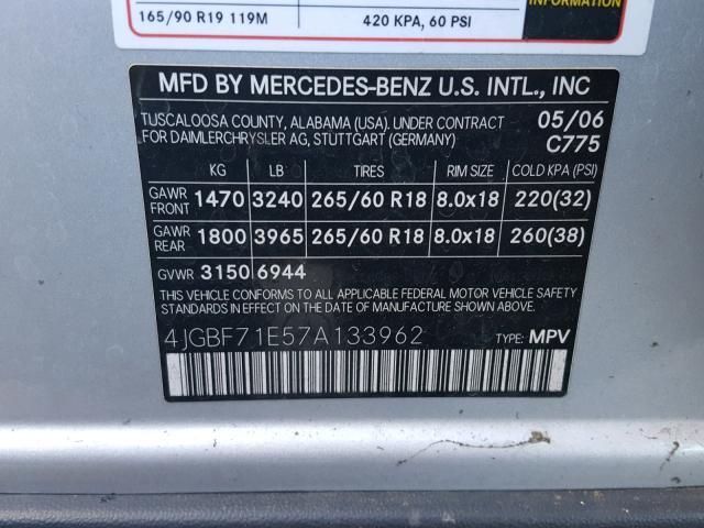 4JGBF71E57A133962 - 2007 MERCEDES-BENZ GL 450 4MA SILVER photo 10