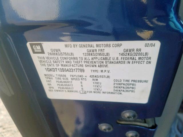 1GKDT13S642317789 - 2004 GMC ENVOY BLUE photo 10