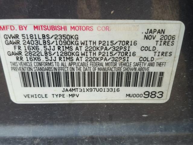 JA4MT31X97U013316 - 2007 MITSUBISHI OUTLANDER GRAY photo 10