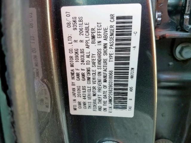 JHMCP26828C010068 - 2008 HONDA ACCORD EXL GRAY photo 10