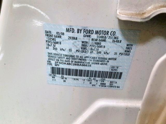 2FMDK48C28BA96835 - 2008 FORD EDGE SEL WHITE photo 10