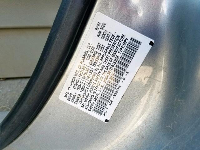 5FNRL38727B133596 - 2007 HONDA ODYSSEY EX SILVER photo 10