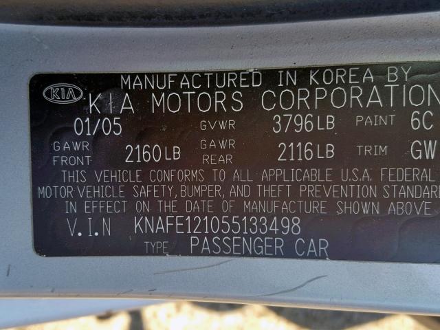 KNAFE121055133498 - 2005 KIA NEW SPECTR SILVER photo 10