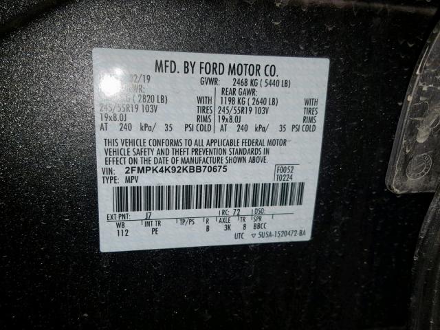 2FMPK4K92KBB70675 - 2019 FORD EDGE TITAN CHARCOAL photo 10