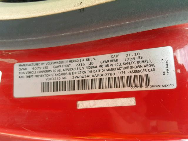 3VWRW3AL0AM002780 - 2010 VOLKSWAGEN NEW BEETLE მუქწითელი ფოტო 10