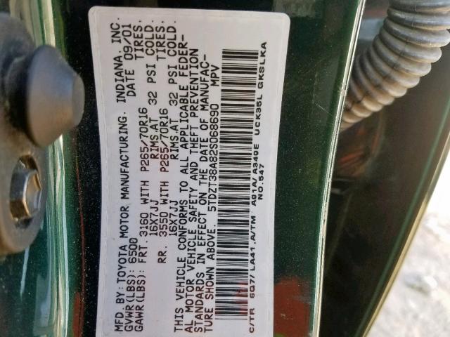 5TDZT38A82S068690 - 2002 TOYOTA SEQUOIA LI GREEN photo 10