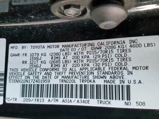 5TENX22N17Z401959 - 2007 TOYOTA TACOMA BLACK photo 10