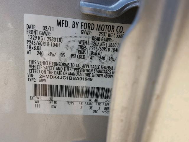 2FMDK4JC1BBA91949 - 2011 FORD EDGE SEL SILVER photo 10