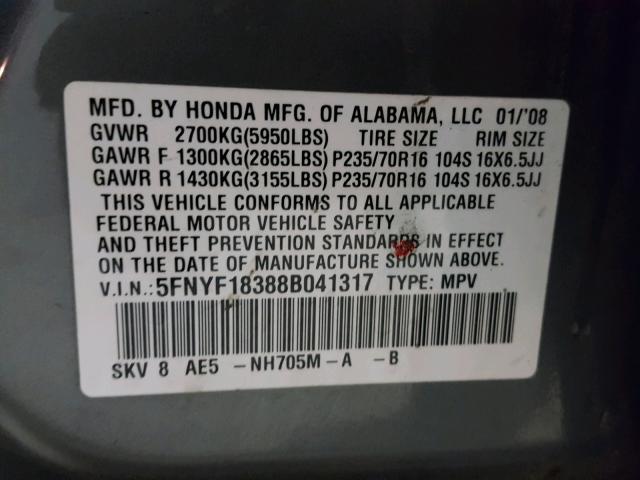 5FNYF18388B041317 - 2008 HONDA PILOT SE GRAY photo 10