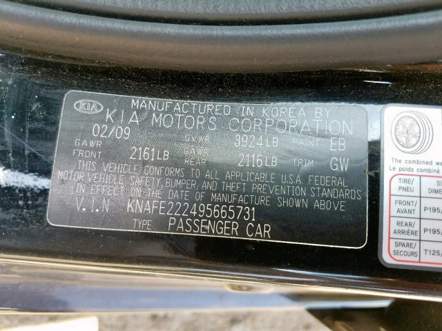 KNAFE222495665731 - 2009 KIA SPECTRA EX BLACK photo 10