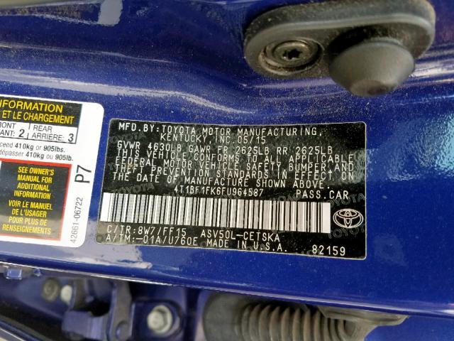 4T1BF1FK6FU964587 - 2015 TOYOTA CAMRY LE BLUE photo 10