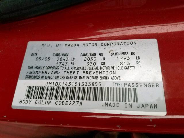 JM1BK143151333855 - 2005 MAZDA 3 HATCHBAC RED photo 10