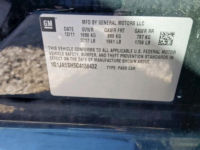 1G1JA5SH5C4138432 - 2012 CHEVROLET SONIC LS 黑色 照片 10