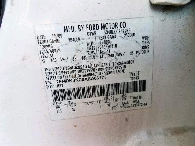 2FMDK3KC0ABA66175 - 2010 FORD EDGE LIMIT WHITE photo 10