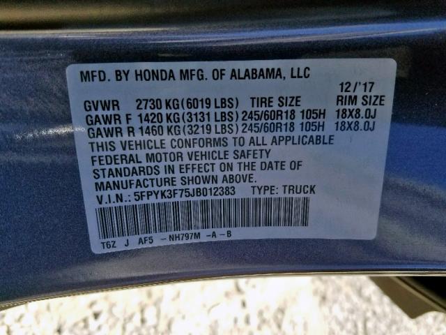 5FPYK3F75JB012383 - 2018 HONDA RIDGELINE GRAY photo 10