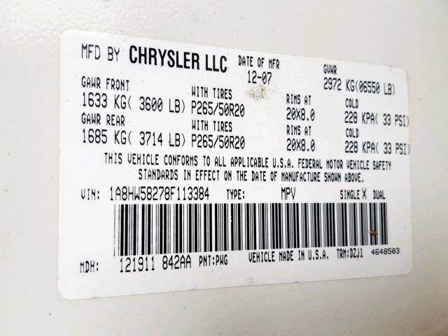 1A8HW58278F113384 - 2008 CHRYSLER ASPEN LIMI WHITE photo 10