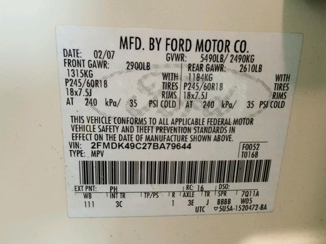 2FMDK49C27BA79644 - 2007 FORD EDGE SEL P CREAM photo 10