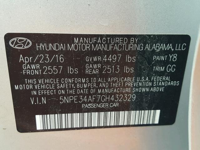 5NPE34AF7GH432329 - 2016 HYUNDAI SONATA SPO SILVER photo 10