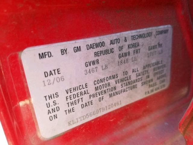 KL1TD56697B120461 - 2007 CHEVROLET AVEO BASE წითელი ფოტო 10