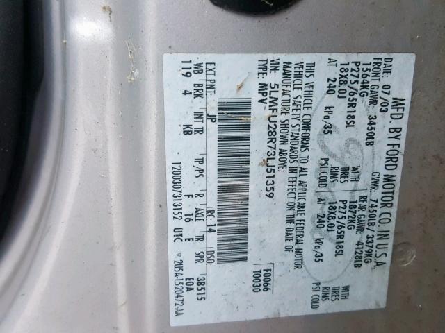 5LMFU28R73LJ51359 - 2003 LINCOLN NAVIGATOR Argent photo 10