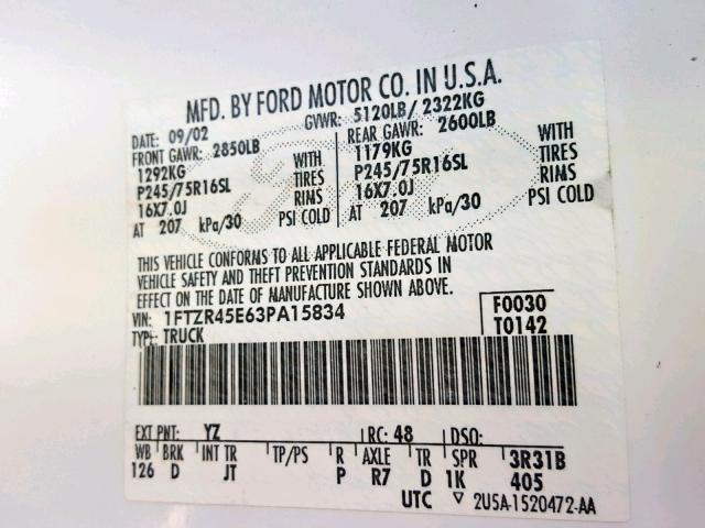 1FTZR45E63PA15834 - 2003 FORD RANGER SUP WHITE photo 10