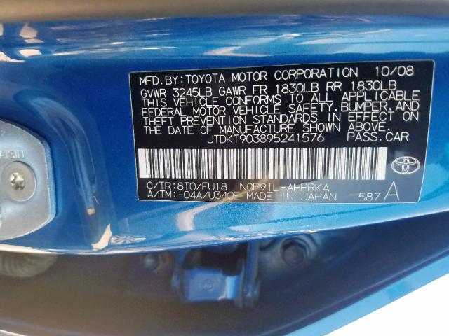 JTDKT903895241576 - 2009 TOYOTA YARIS BLUE photo 10