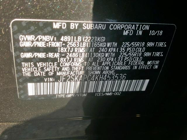 JF2SKAPC4KH453536 - 2019 SUBARU FORESTER S BLACK photo 10