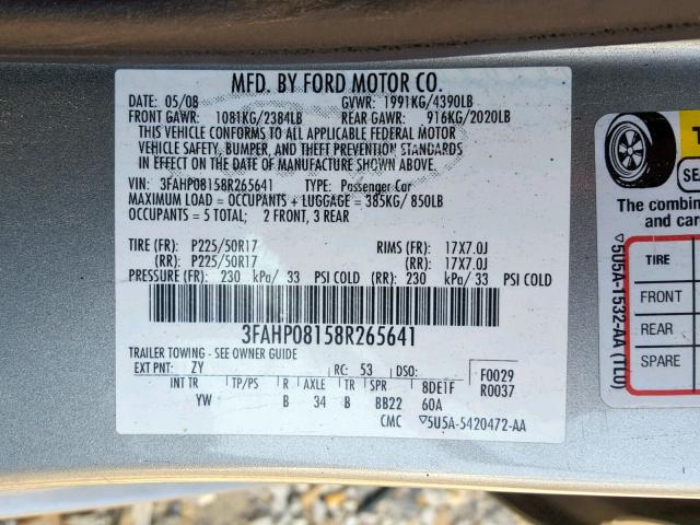 3FAHP08158R265641 - 2008 FORD FUSION SEL CHARCOAL photo 10