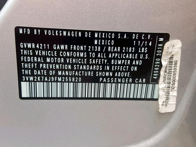 3VW2K7AJ9FM255820 - 2015 VOLKSWAGEN JETTA BASE 银色 照片 10